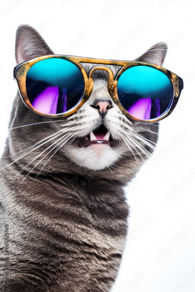 Cute grey cat in blue large round sunglasses, on white background