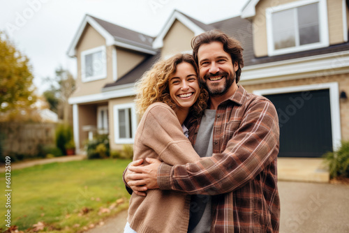 A happy couple stands proudly together in front of their new big, warm, and inviting home.