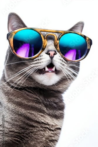Cute grey cat in blue large round sunglasses  on white background