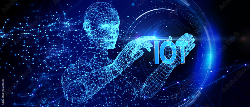 Internet of things - IOT concept. Businessman offer IOT products and solutions. The future of technology. Virtual screen of the future with the inscription: IOT. 3d illustration Internet of things - IOT concept. Businessman offer IOT products and solutions. The future of technology. Virtual screen of the future with the inscription: IOT. 3d illustration
