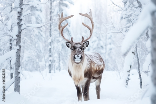 Horned reindeer in snowy Lapland, Finland. White Christmas travels at winter to Arctic.