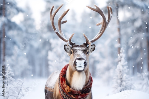 Horned reindeer in snowy Lapland, Finland. White Christmas travels at winter to Arctic. #661325399