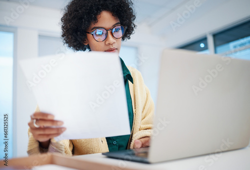 Woman, laptop and documents in budget planning, finance or strategy for investment or policy at home. Female person or freelancer with paperwork on computer in financial plan, bills or house expenses