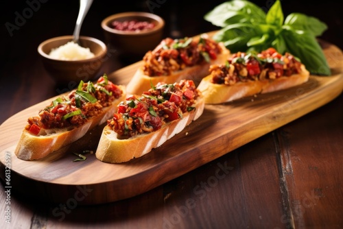 bruschetta trio with sun-dried tomatoes on a long wooden platter