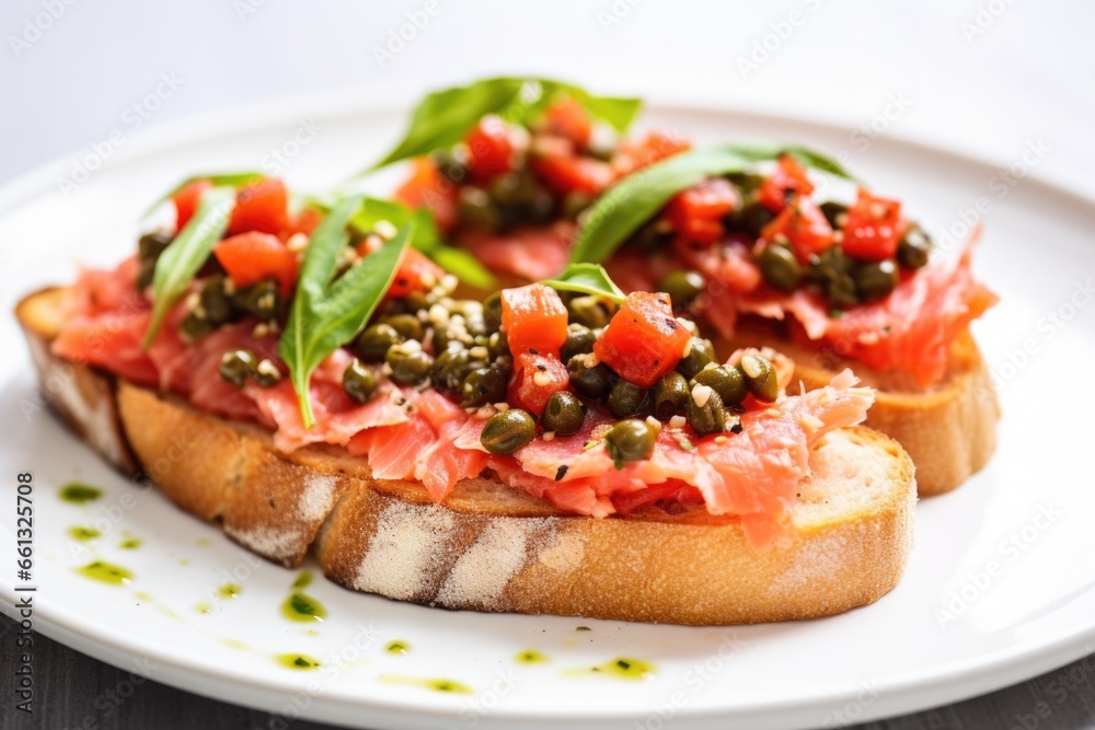 bruschetta with tuna and capers on a white plate