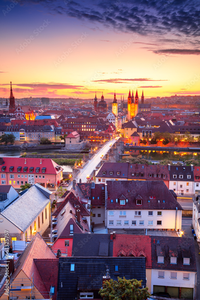 Wurzburg, Germany. Aerial cityscape image of Wurzburg with Old Main Bridge over Main river during beautiful autumn sunrise.