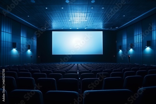 Empty cinema in blue color with white blank screen