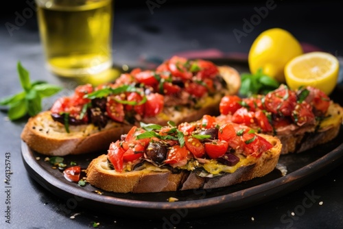 tuna bruschetta decorated with a lemon wedge