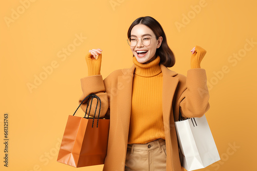 Young lady hanging bags with yellow dress