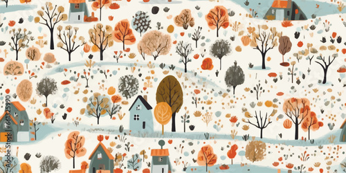 Seamless vector autumn cute cottage city pattern with watercolor trees and houses. Autumn landscape