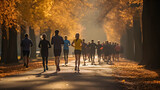 Photo of a diverse group of people jogging together in a park during autumn.