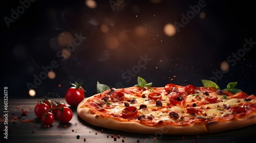 Spciy chicken pizza on table , background speace for your promo text and copy speace , pizzeria resturant  photo
