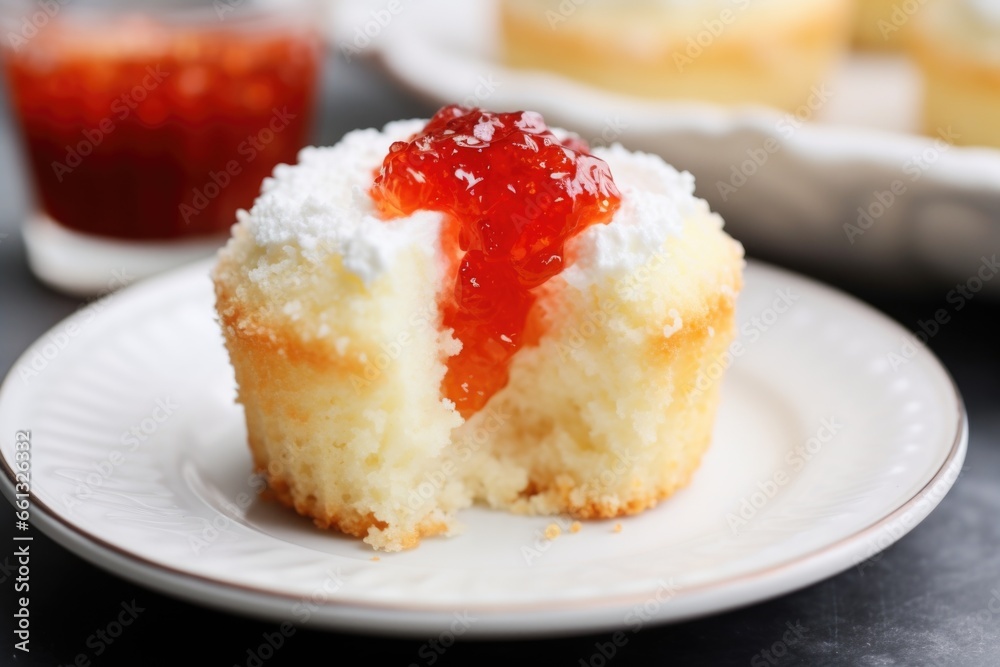 a white cupcake with a dollop of strawberry jam emerging