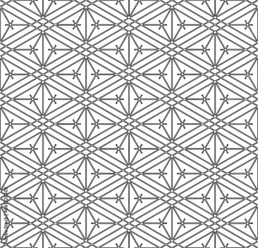 A seamless pattern based on elements of the traditional Japanese craft Kumiko zaiku. Contoured lines.