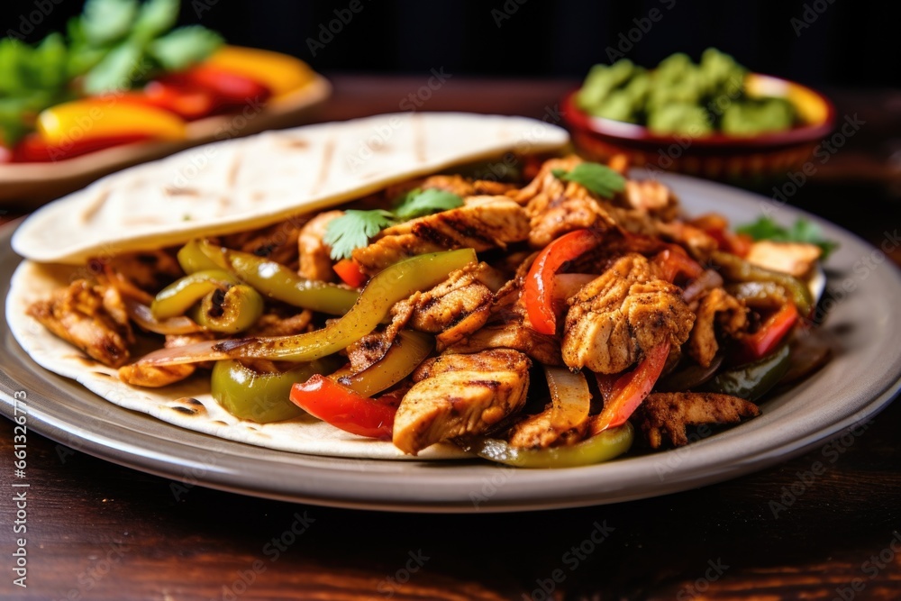 segment of a grilled chicken fajita on a plate segment of a grilled chicken fajita on a plate