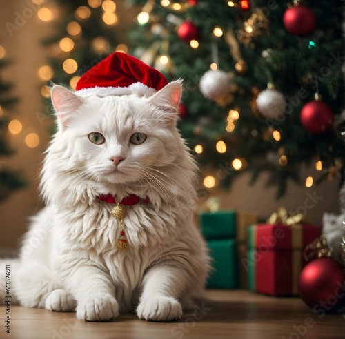 Cat wearing santa Claus hat sitting near a Christmas tree