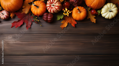 Festive autumn decor of pumpkins  berries and leaves wooden background