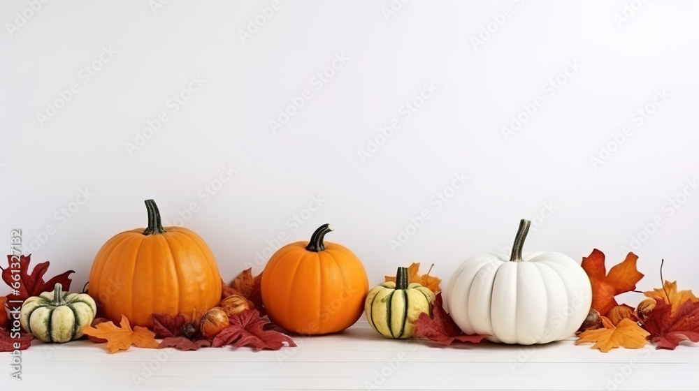 Autumn background with pumpkins and colorful leaves. Top view, copy space Autumn background with pumpkins and colorful leaves. Top view, copy space