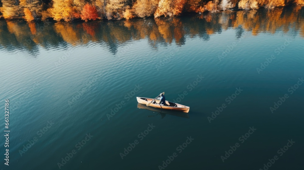 Person rowing on a calm lake in autumn, aerial view only small boat visible with serene water around