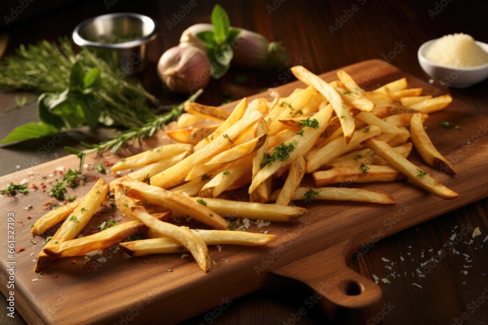 french fries artfully laid out on a wooden slab french fries artfully laid out on a wooden slab