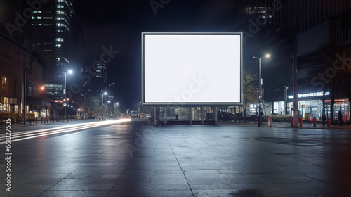 Blank billboard digital sign poster mockup on urban street at night for advertising.