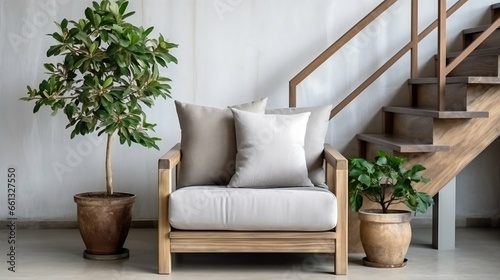 Armchair beside bench in white loft with wooden sofa © Halim Karya Art