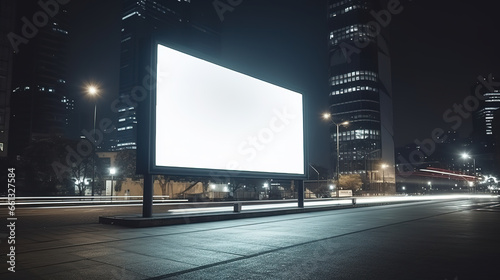 Blank billboard digital sign poster mockup on urban street at night for advertising.