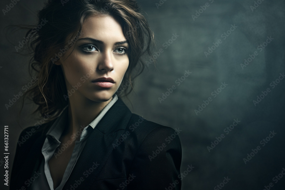 A smart Businesswoman is dressed in a sleek black suit, exuding a professional and government agent vibe, against a dark and hazy background, with rain falling in the backdrop.