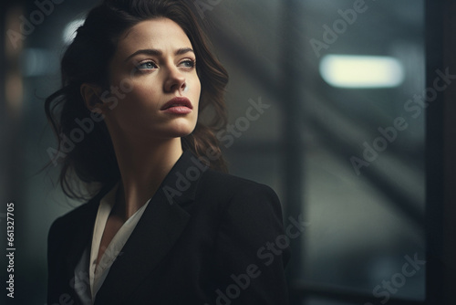 A smart Businesswoman is dressed in a sleek black suit, exuding a professional and government agent vibe, against a dark and hazy background, with rain falling in the backdrop.