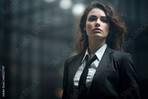 A smart Businesswoman is dressed in a sleek black suit, exuding a professional and government agent vibe, against a dark and hazy background, with rain falling in the backdrop.