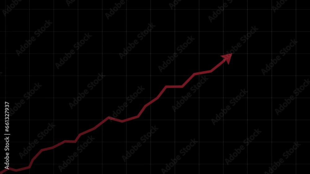 Business cartoon animation of rising red arrow graph chart on black background