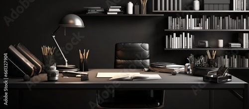 Black office desk with computer, supplies and other objects