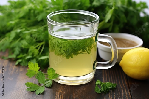 lemon balm tea in a glass mug, fresh herbs nearby