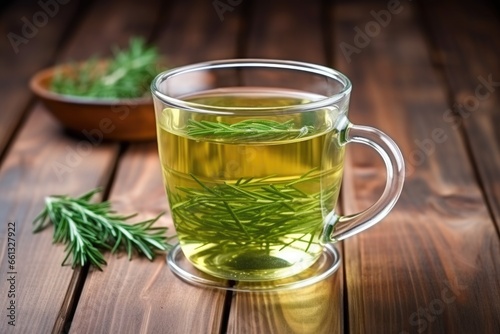 green herbal tea in a transparent cup on a wooden table