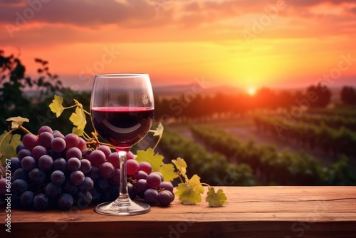 red grapes wine glass beer with vineyard sunlight background