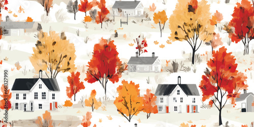 Seamless vector autumn cute cottage city pattern with watercolor trees and houses. Autumn landscape
