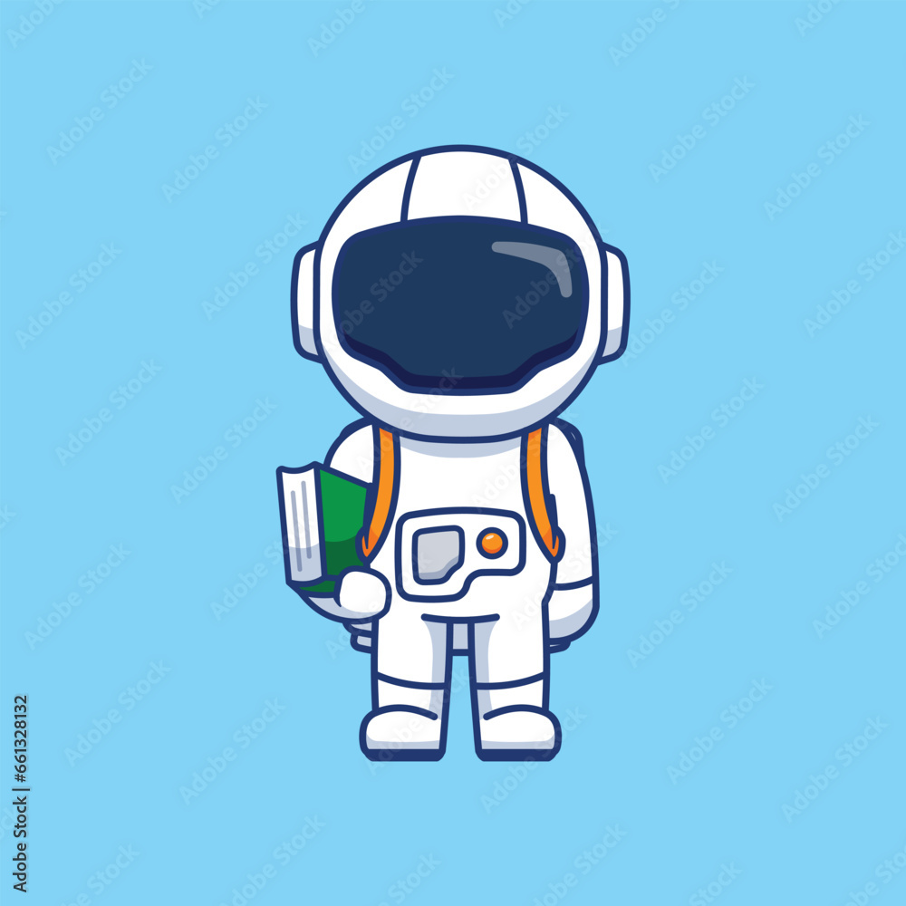 Astronaut carrying a book for literature review. Vector flat cartoon character illustration