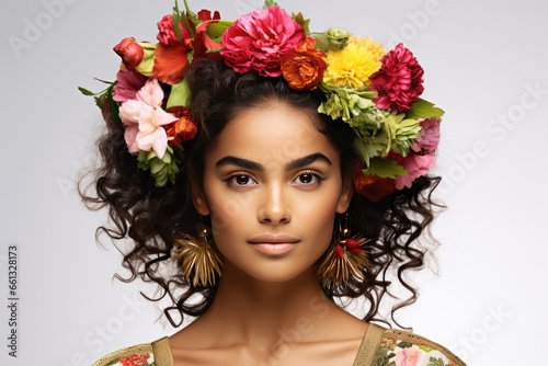 Spanish culture, national Hispanic Heritage Month. Closeup portrait of beautiful young woman with flowers tiara on empty white background © vejaa