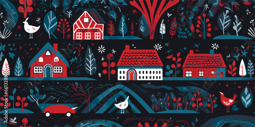 Seamless pattern with trees flowers, plants, country houses on a black background. illustration for design card, invitation, wallpaper, wrapping paper