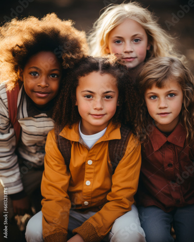 Portrait Group of Children from Different Cultures in Outdoor Blurred Setting. Close-up of Four Adorable Ethnic Girls with Different Hairstyles at Midday. Global Childhood Bonds Across Cultures.