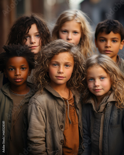 Portrait of Group of Children in Outdoor Blurred Background. Close-up of Diversity of Three Boys and Girls from Different Cultures at Midday. Lessons in Love and Faces of Kindness and Compassion.  © DONWIZS