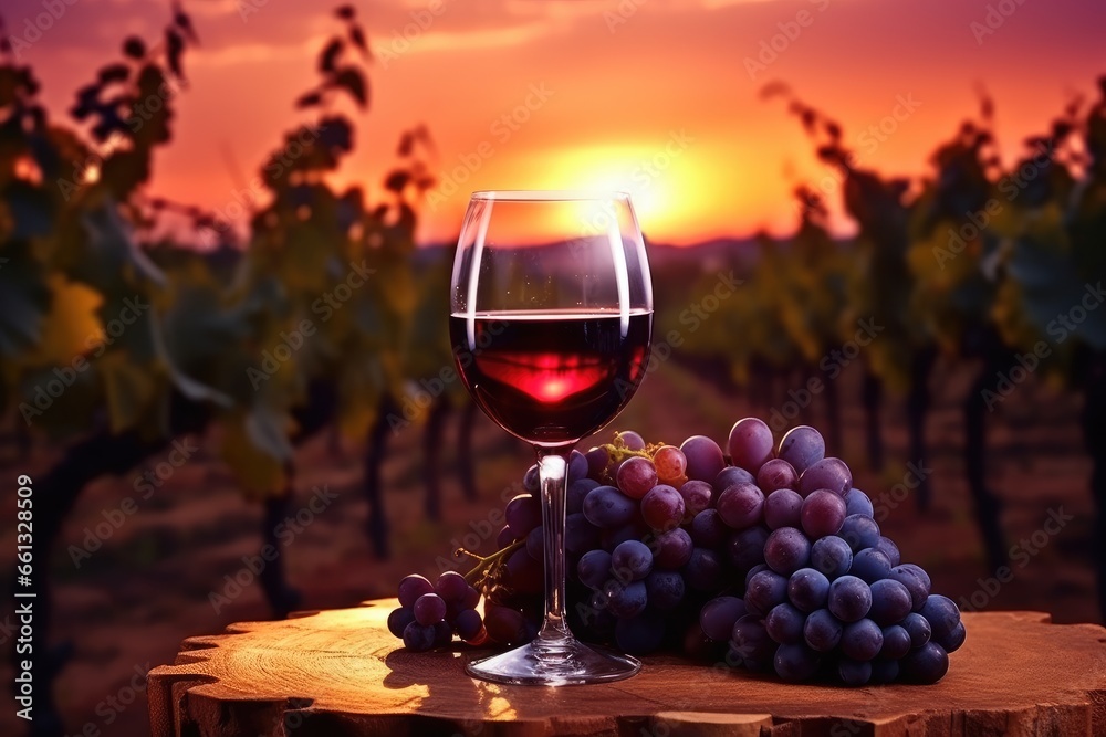 glass of wine and grapes on vineyard background sunrise