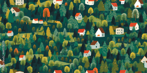 trees and houses seamless pattern spring light green colors. Creative floral texture. Great for fabric, textile Vector Illustration