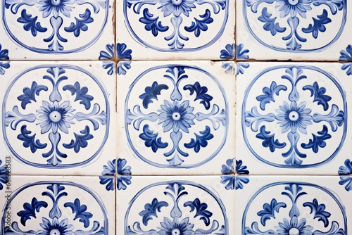 Classic white blue mosaic ceramic tile pattern azulejo vintage tiles background