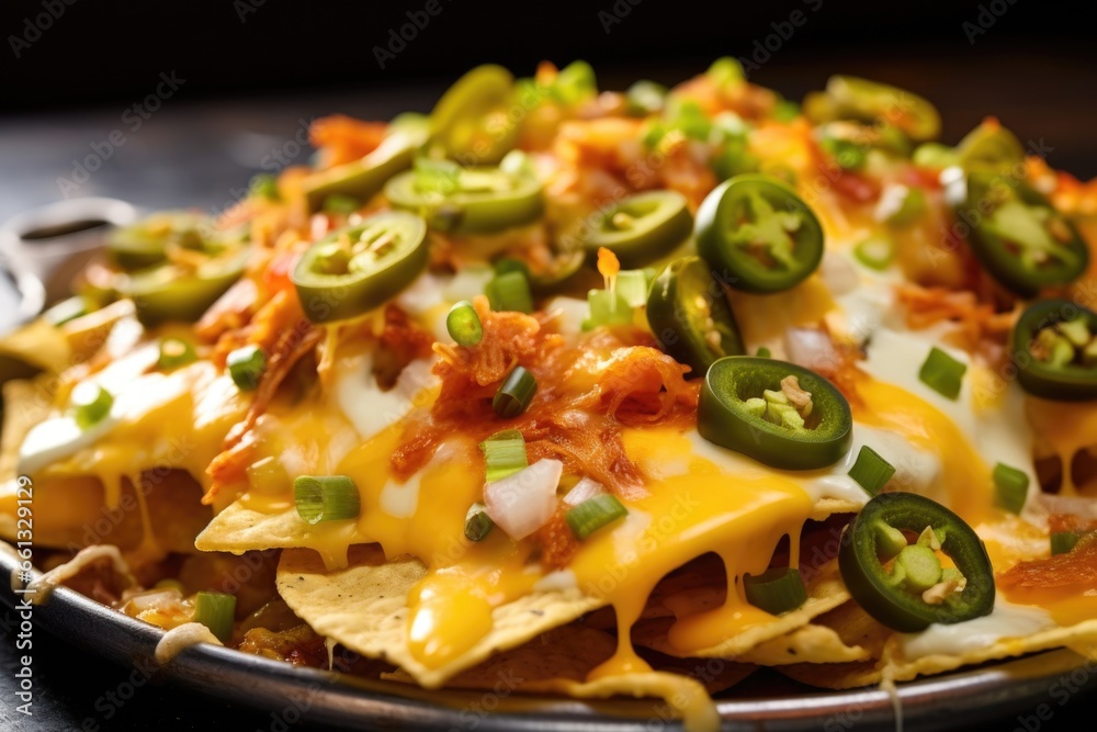 close-up of nachos topped with melted cheese and jalapenos close-up of nachos topped with melted cheese and jalapenos