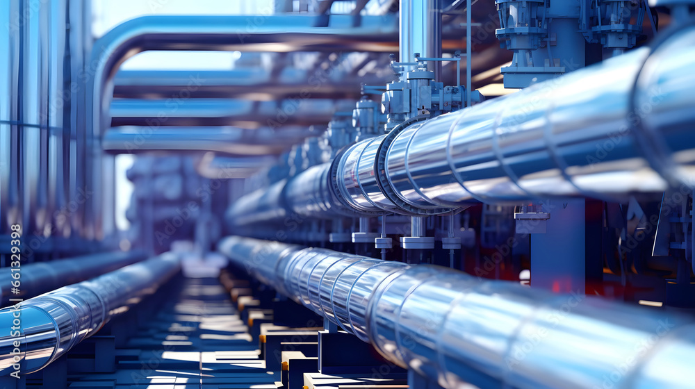 Pipelines in the process of oil refining of oil and gas on large factory