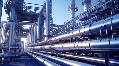 Pipelines in the process of oil refining of oil and gas on large factory