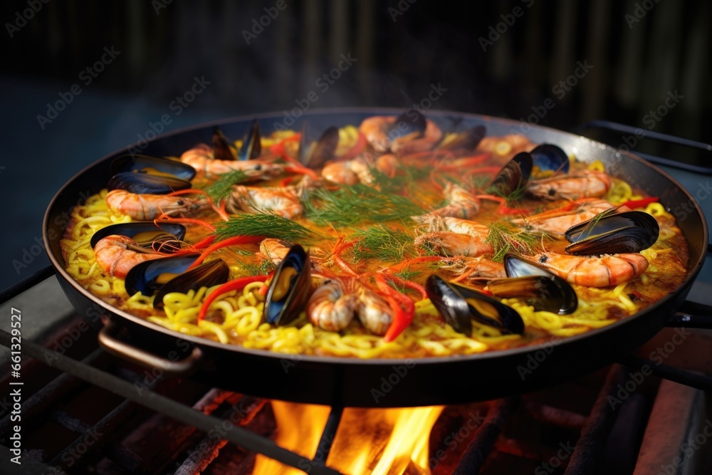 paella with saffron and seafood on a gas burner