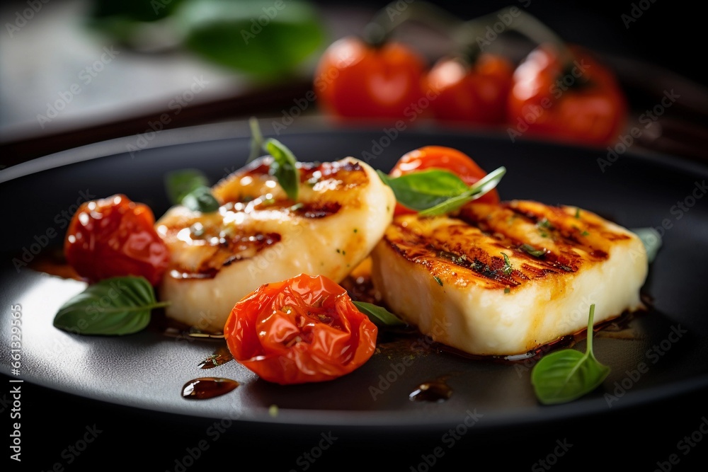 Close up of grilled halloumi cheese with tomatoes, created with Generative AI technology.