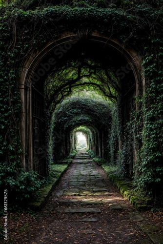 A way to freedom. Dirt road in green meadow in open door of ancient house. Photo toned in brown color. Generative AI